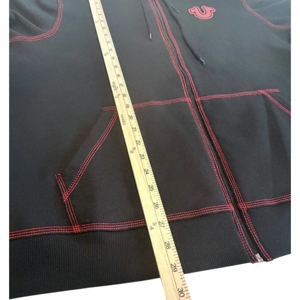 True Religion Full Zip Hoodie Mens XXL 2X Black Red Stitching Buddha Logo Y2K